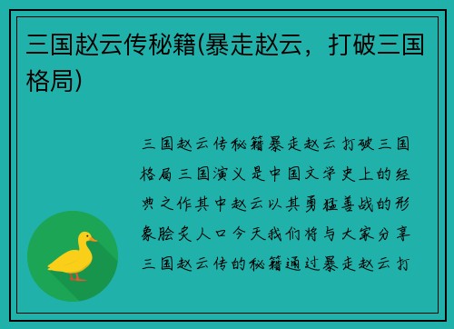 三国赵云传秘籍(暴走赵云，打破三国格局)